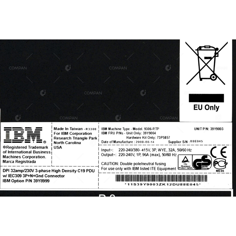 39Y9004 IBM PDU INPUT 3PHASE OUTPUT 12X C19 WITHOUT PLUG